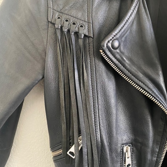 All Saints Tassel Fringe Balfern Leather Motorcycle Moto Jacket Black 0 - Picture 5 of 10